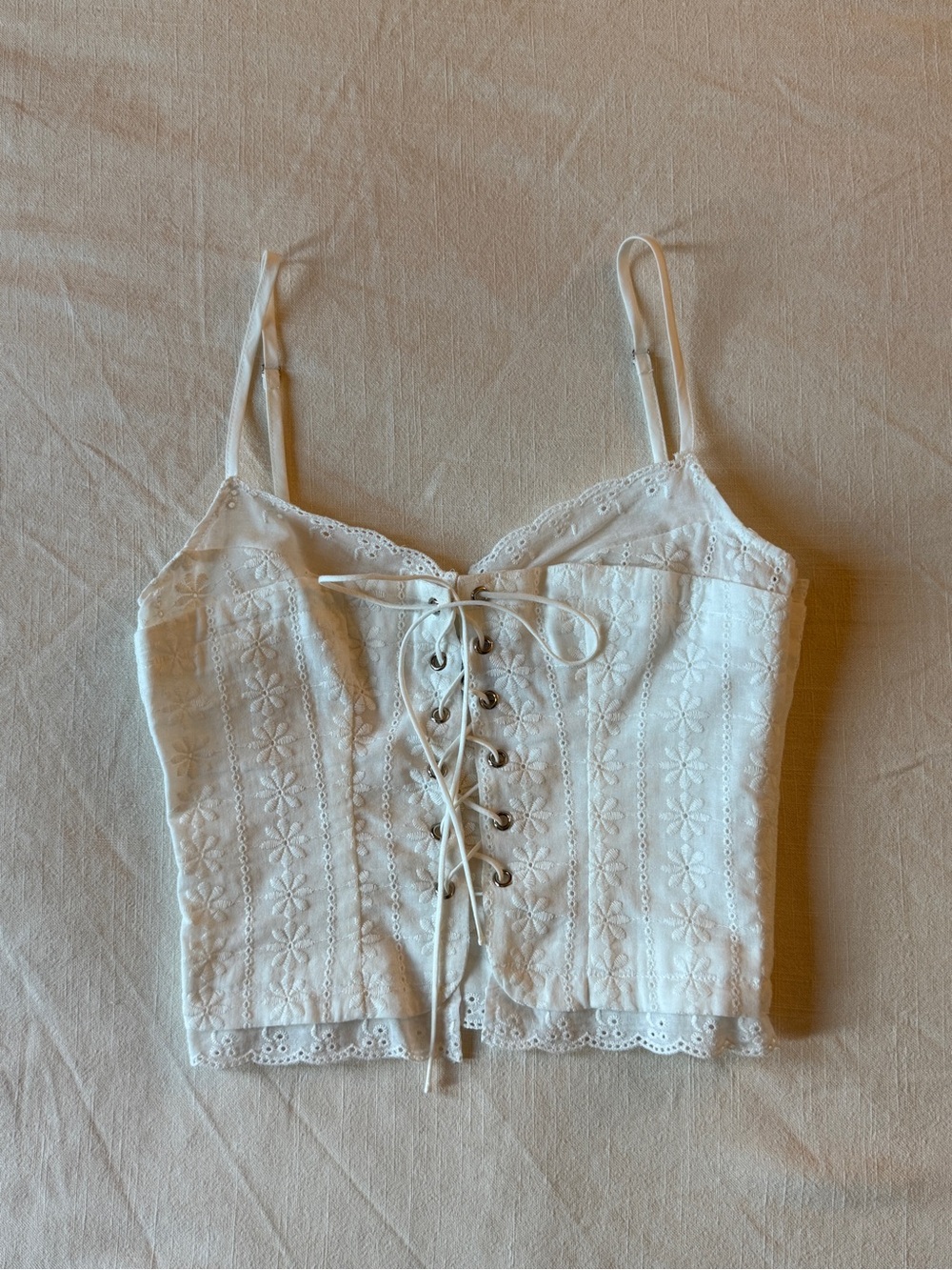White Lace-Up Eyelet Crop Top in Ivory